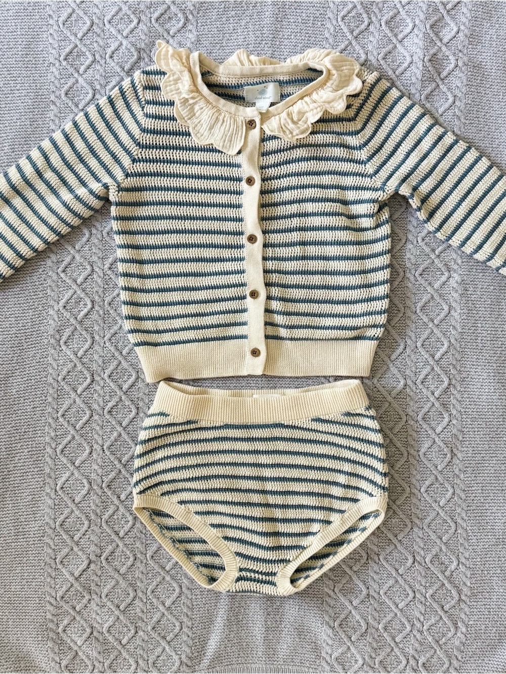 Cream and Blue Striped Ruffle Collar Knit Cardigan + Bloomers Matching Set 24M